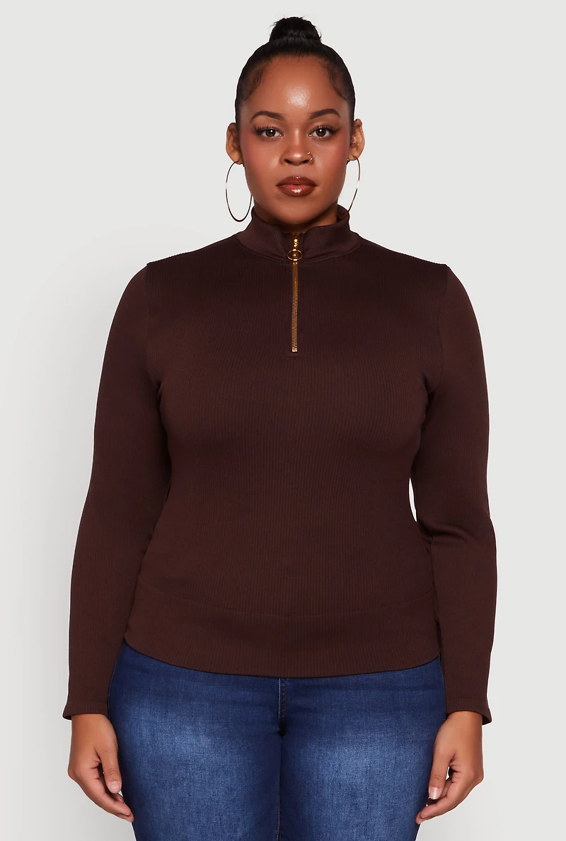 Womens Plus Size Half Zip Rib Knit Mock Neck Top, Brown, Size 2X-3X