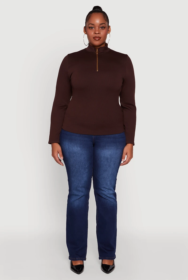 Womens Plus Size Half Zip Rib Knit Mock Neck Top, Brown, Size 2X-3X