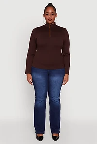 Womens Plus Size Half Zip Rib Knit Mock Neck Top, Brown, Size 2X-3X
