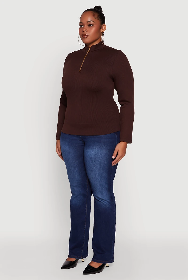 Womens Plus Size Half Zip Rib Knit Mock Neck Top, Brown, Size 2X-3X