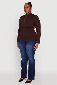 Womens Plus Size Half Zip Rib Knit Mock Neck Top, Brown, Size 2X-3X