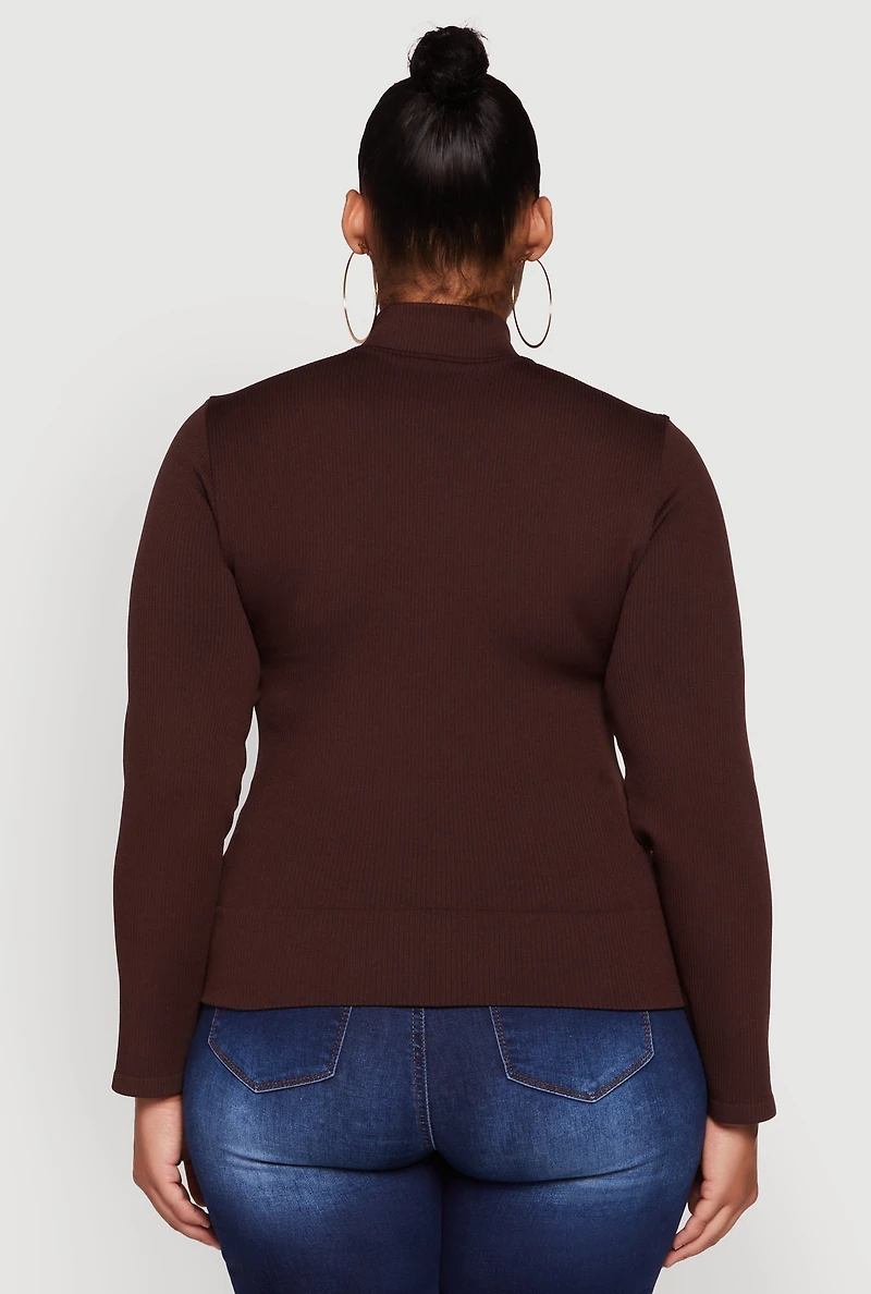 Womens Plus Size Half Zip Rib Knit Mock Neck Top, Brown, Size 2X-3X