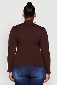 Womens Plus Size Half Zip Rib Knit Mock Neck Top, Brown, Size 2X-3X