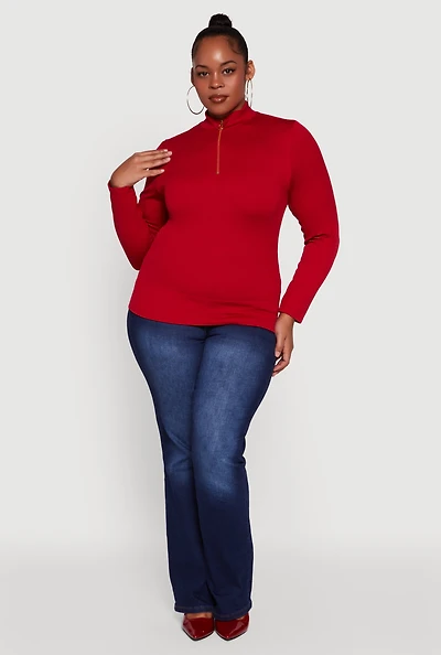 Womens Plus Size Half Zip Rib Knit Mock Neck Top, Red, Size 1X-2X