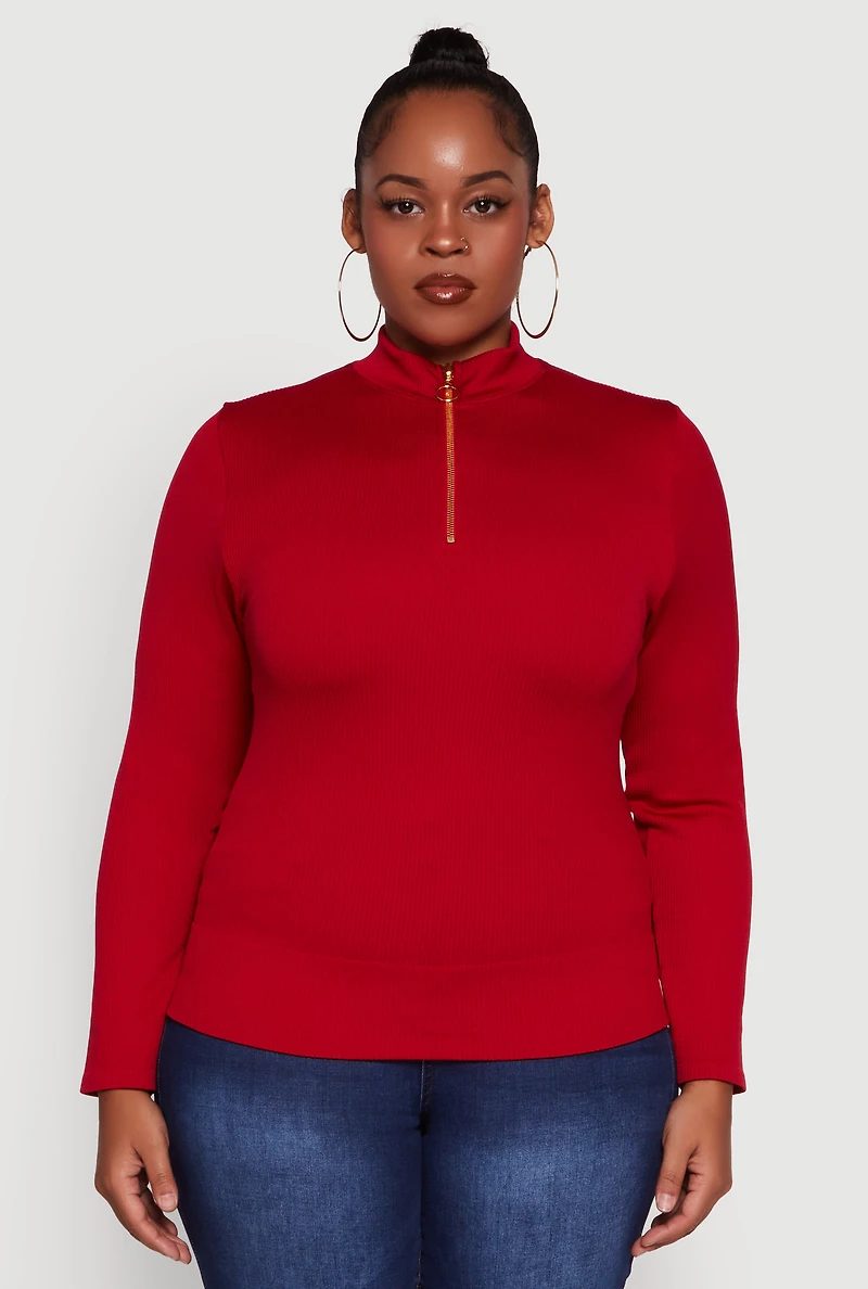 Womens Plus Size Half Zip Rib Knit Mock Neck Top, Red, Size 1X-2X