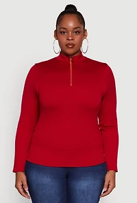 Womens Plus Size Half Zip Rib Knit Mock Neck Top, Red, Size 1X-2X