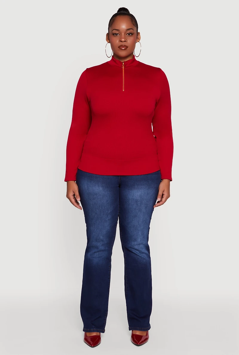 Womens Plus Size Half Zip Rib Knit Mock Neck Top, Red, Size 1X-2X