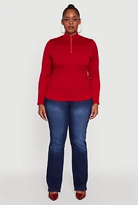 Womens Plus Size Half Zip Rib Knit Mock Neck Top, Red, Size 1X-2X