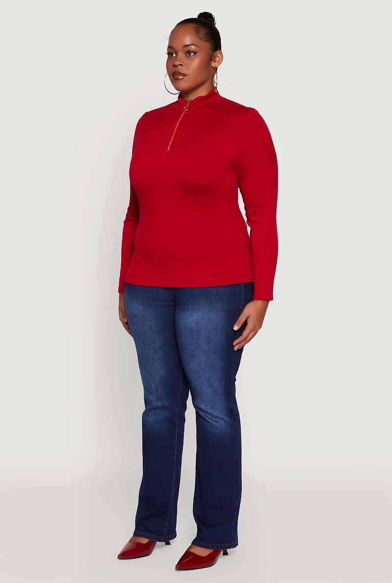 Plus Half Zip Rib Knit Mock Neck Top