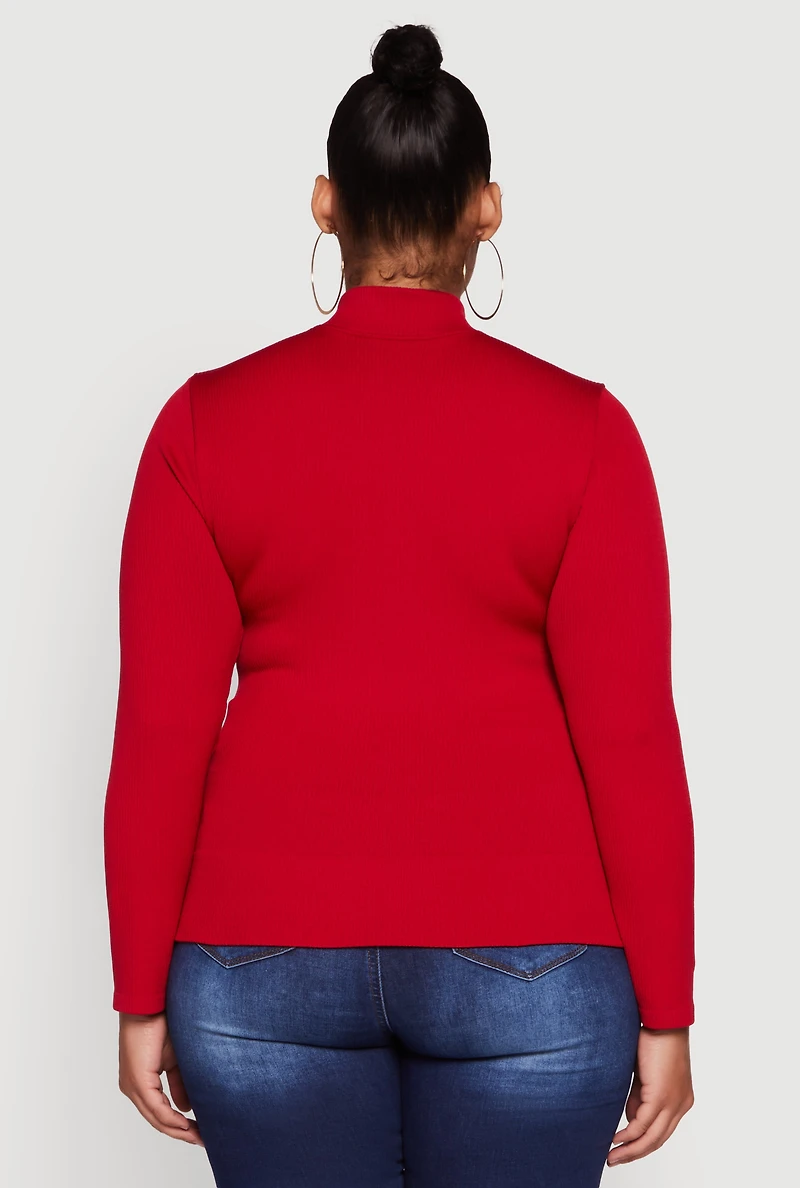 Womens Plus Size Half Zip Rib Knit Mock Neck Top, Red, Size 1X-2X