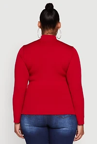 Womens Plus Size Half Zip Rib Knit Mock Neck Top, Red, Size 1X-2X