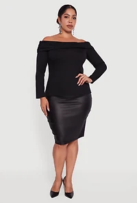 Plus Ruched Fold Over Off The Shoulder Long Sleeve Top