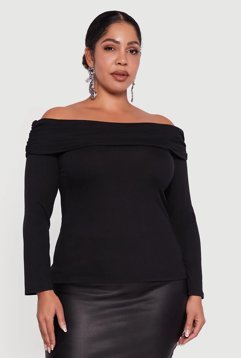 Womens Plus Size Ruched Fold Over Off The Shoulder Long Sleeve Top, Black, Size 3X