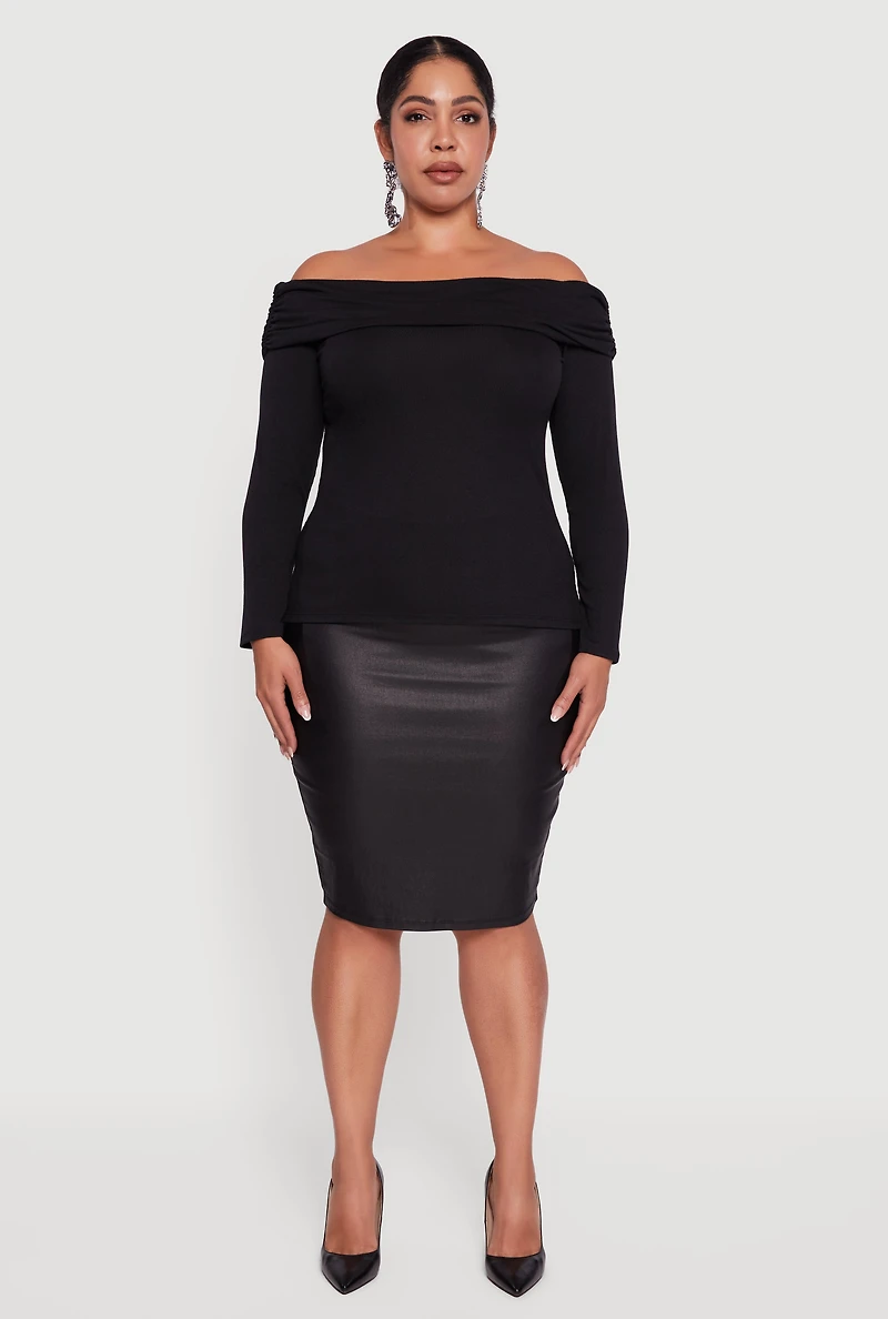 Womens Plus Size Ruched Fold Over Off The Shoulder Long Sleeve Top, Black, Size 3X