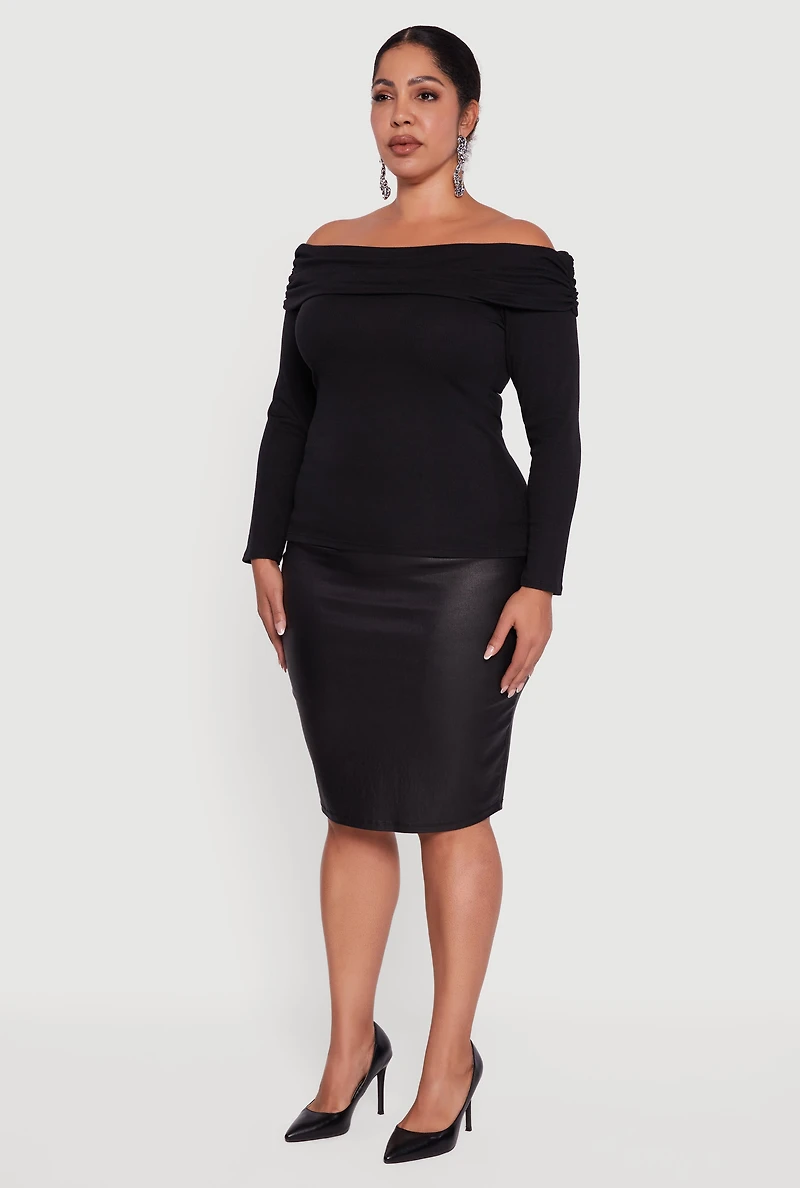Womens Plus Size Ruched Fold Over Off The Shoulder Long Sleeve Top, Black, Size 3X