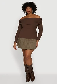 Plus Ruched Fold Over Off The Shoulder Long Sleeve Top