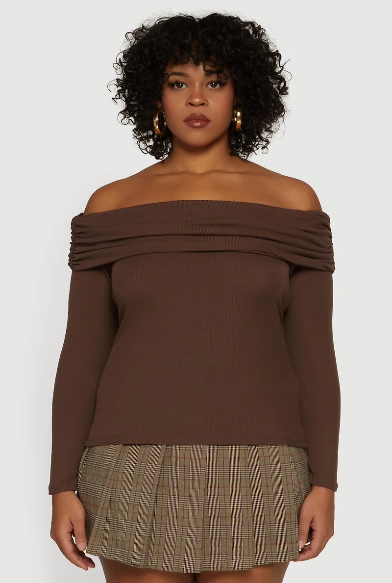 Plus Ruched Fold Over Off The Shoulder Long Sleeve Top