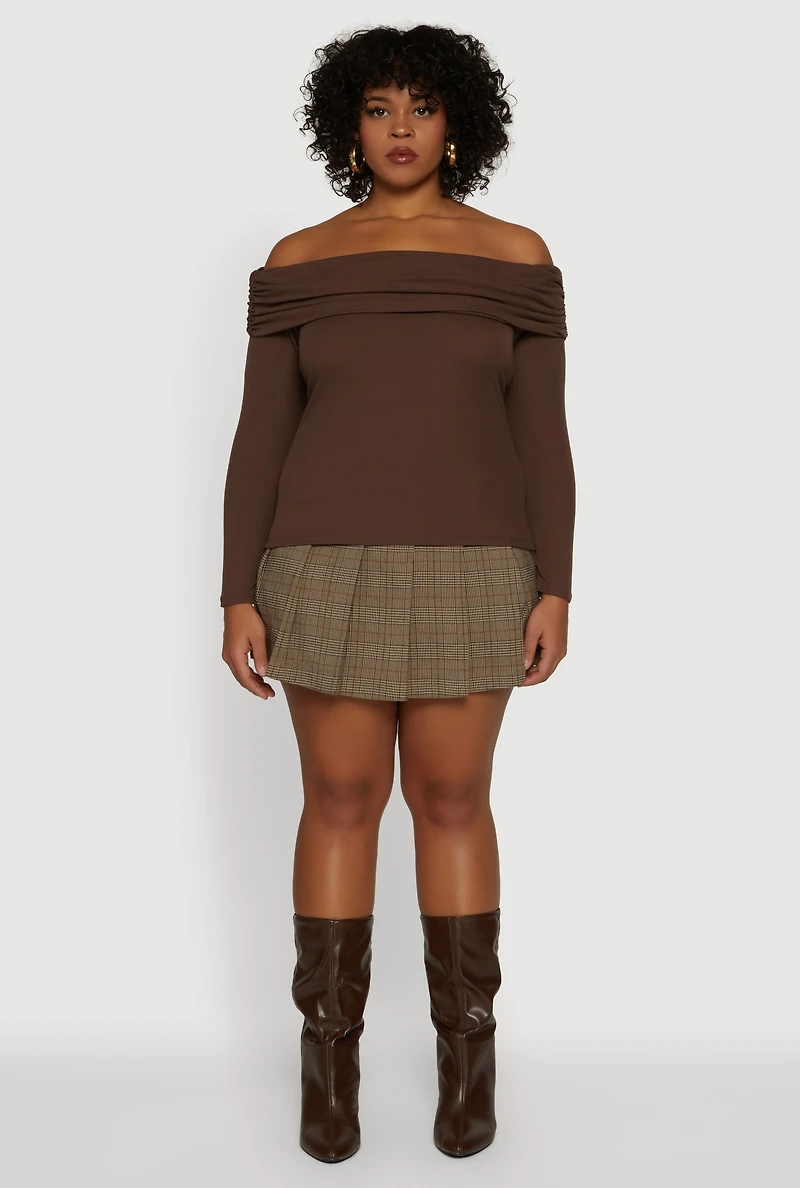 Plus Ruched Fold Over Off The Shoulder Long Sleeve Top