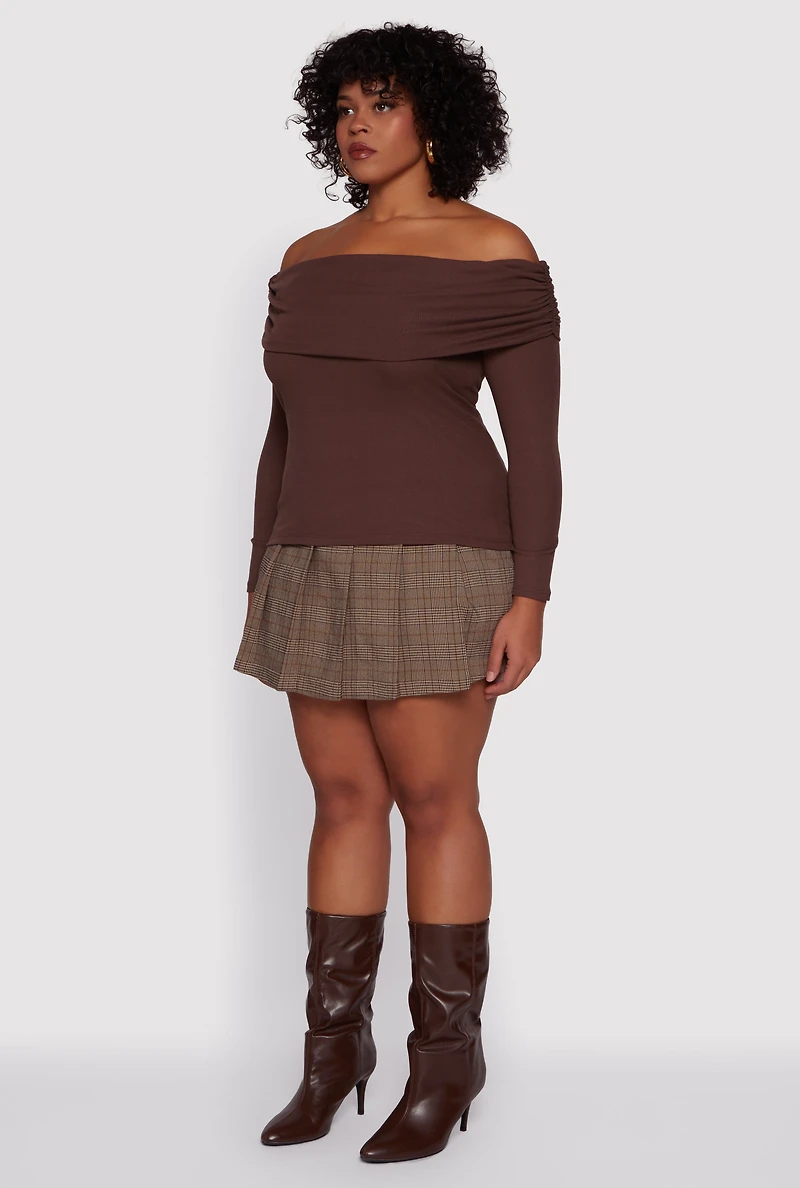 Plus Ruched Fold Over Off The Shoulder Long Sleeve Top