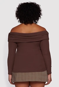 Plus Ruched Fold Over Off The Shoulder Long Sleeve Top