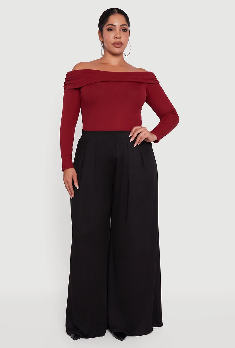 Plus Ruched Fold Over Off The Shoulder Long Sleeve Top