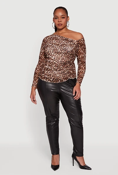 Womens Plus Size Leopard Print Mesh Ruched Side One Shoulder Top, Brown, Size 3X