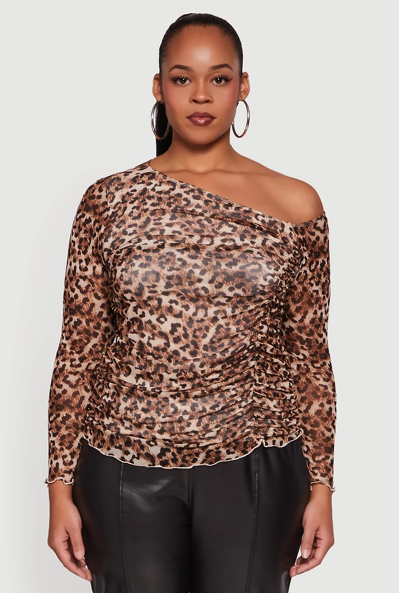 Womens Plus Size Leopard Print Mesh Ruched Side One Shoulder Top, Brown, Size 3X