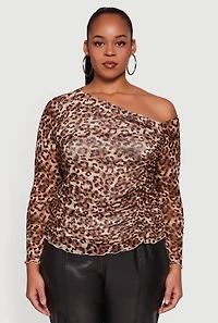 Womens Plus Size Leopard Print Mesh Ruched Side One Shoulder Top, Brown, Size 3X