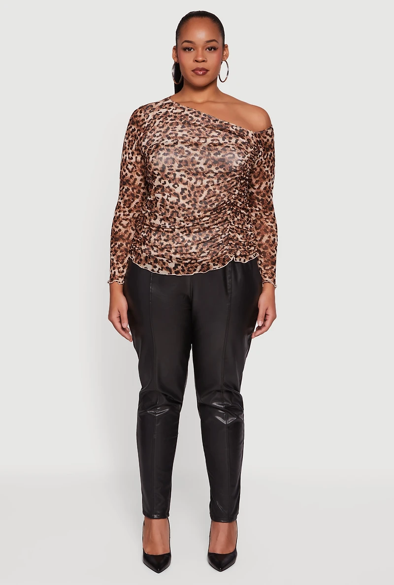 Womens Plus Size Leopard Print Mesh Ruched Side One Shoulder Top, Brown, Size 3X