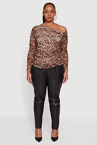 Womens Plus Size Leopard Print Mesh Ruched Side One Shoulder Top, Brown, Size 3X