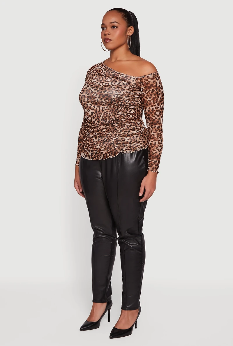 Plus Leopard Print Mesh Ruched Side One Shoulder Top