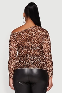 Womens Plus Size Leopard Print Mesh Ruched Side One Shoulder Top, Brown, Size 3X