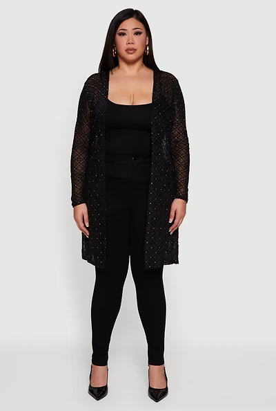 Womens Plus Size Patterned Velvet Burnout Mesh Duster, Black, Size 2X