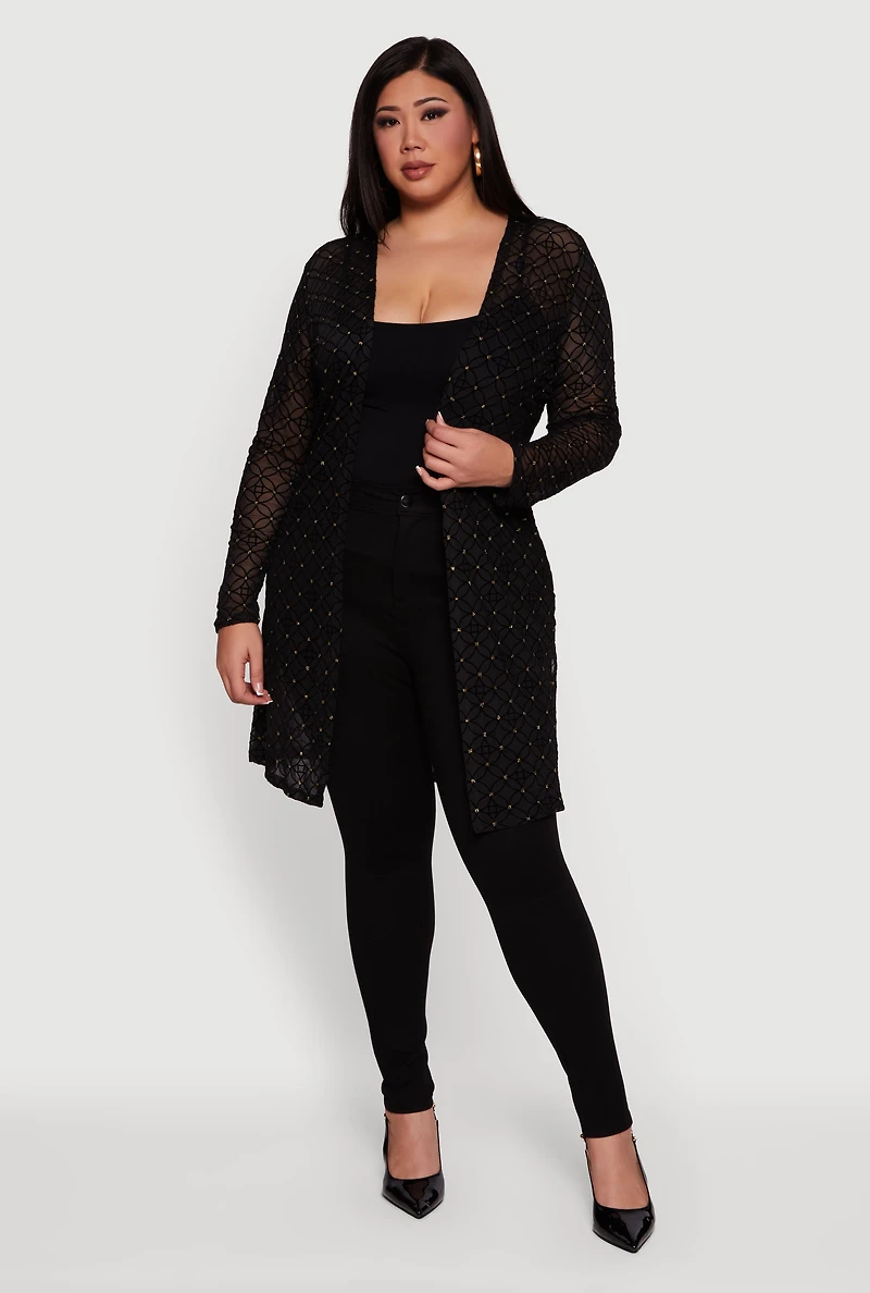 Womens Plus Size Patterned Velvet Burnout Mesh Duster, Black, Size 2X