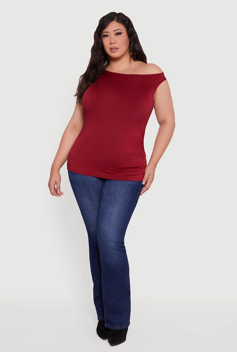 Womens Plus Sleeveless Boat Neck Ruched Blouse, 2X