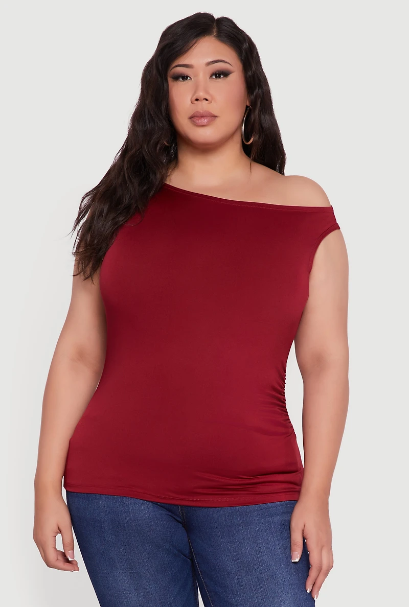 Womens Plus Sleeveless Boat Neck Ruched Blouse, 2X