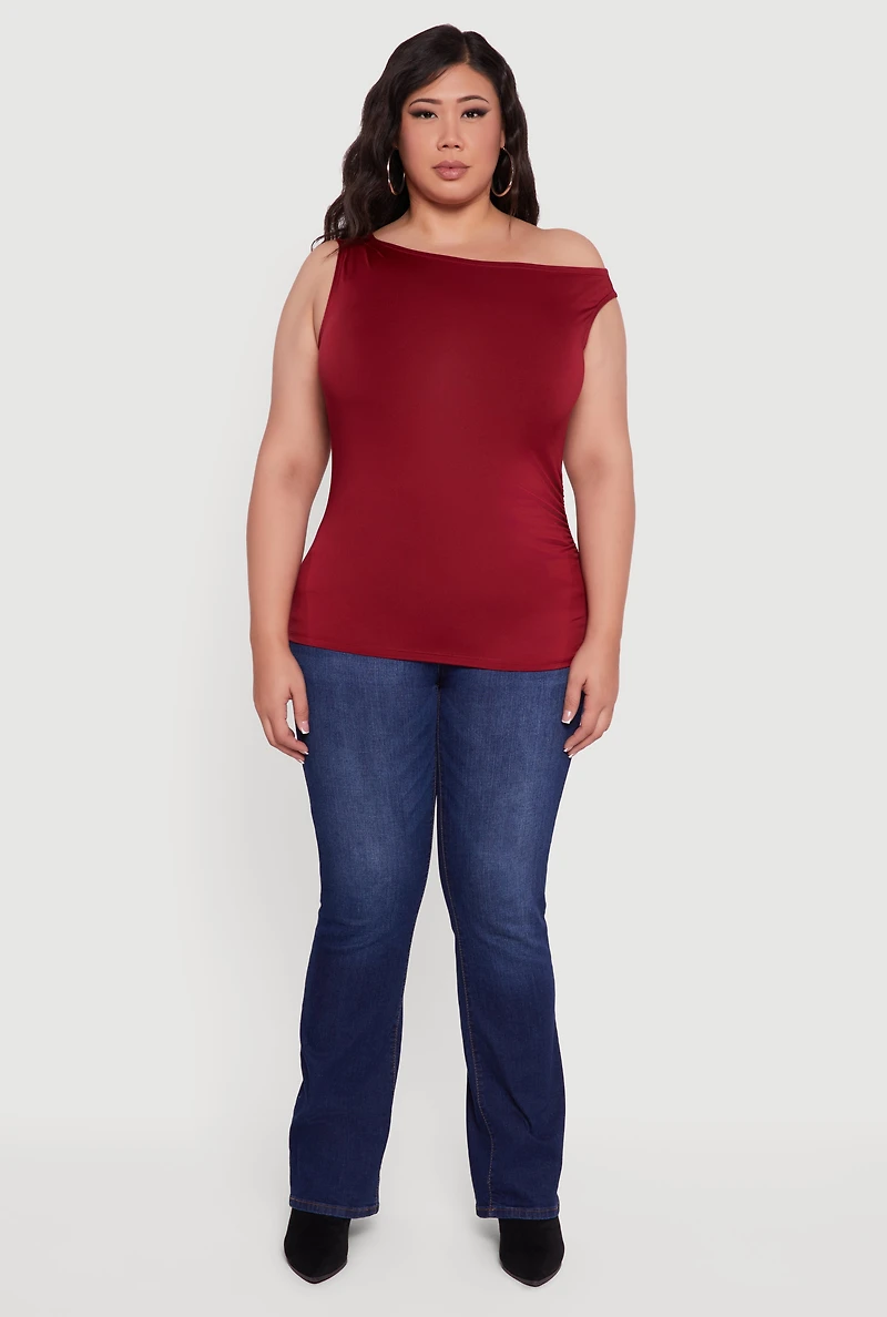 Womens Plus Sleeveless Boat Neck Ruched Blouse, 2X