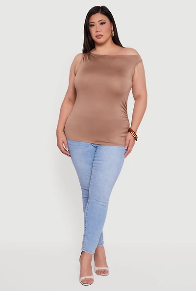 Womens Plus Sleeveless Boat Neck Ruched Blouse,