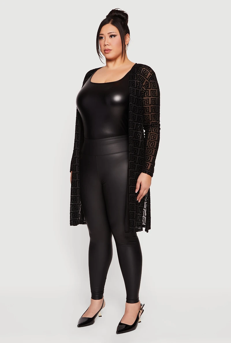 Plus Geometric Velvet Burnout Mesh Duster