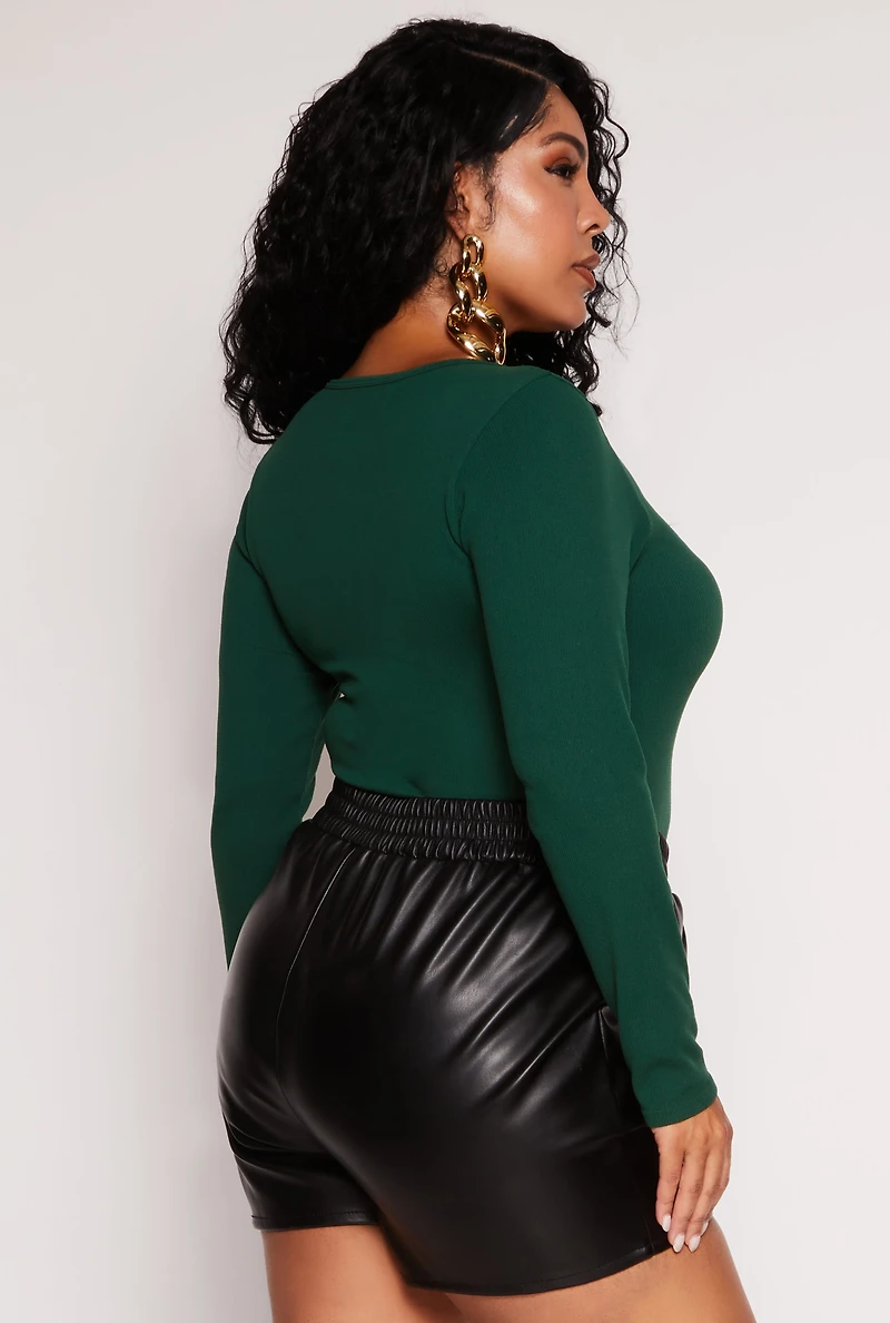 Plus Seamless Chain Notch Neck Long Sleeve Top