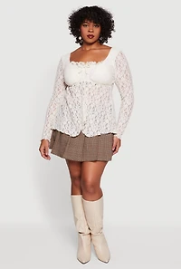 Plus Floral Lace Long Sleeve Square Neck Blouse