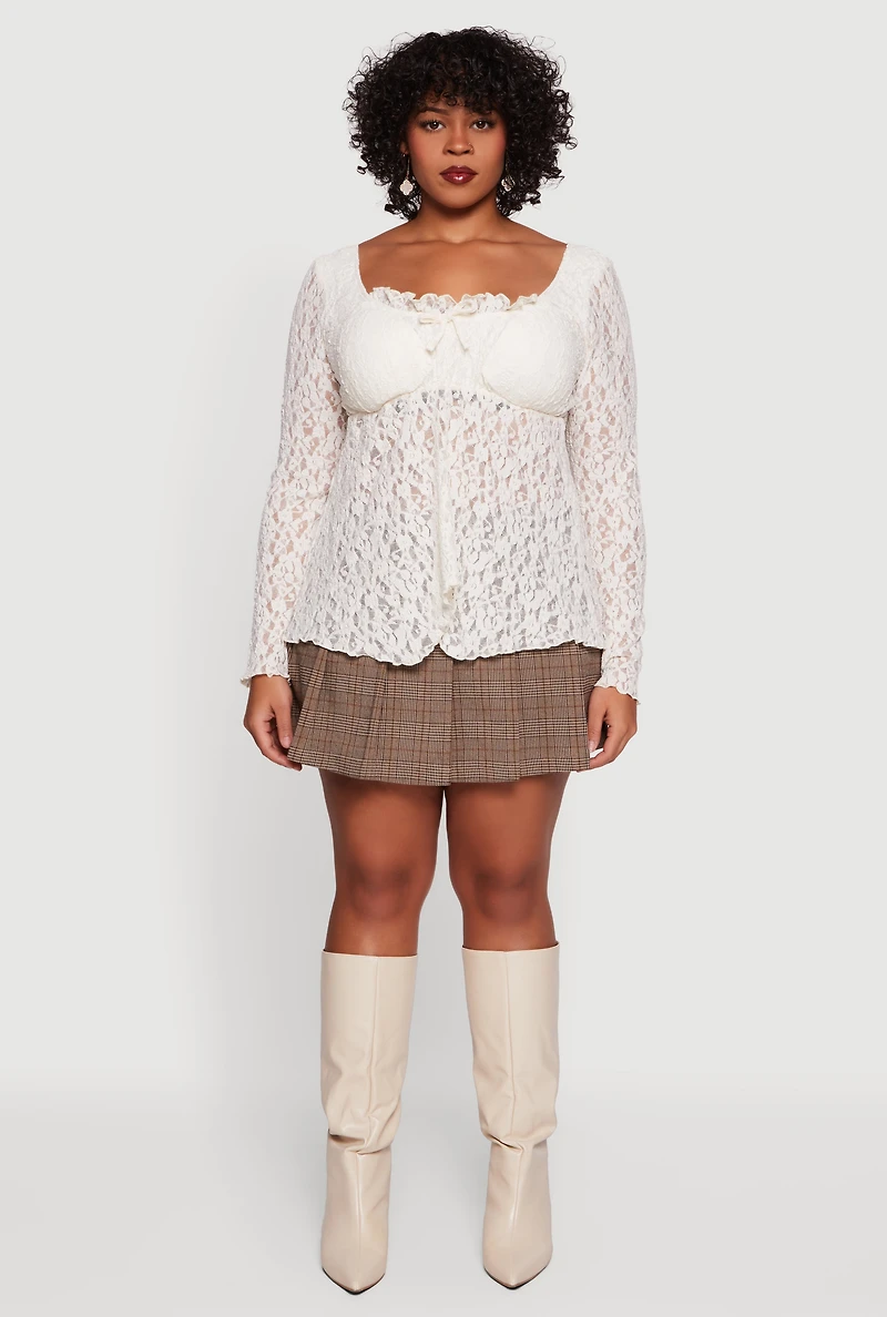 Plus Floral Lace Long Sleeve Square Neck Blouse