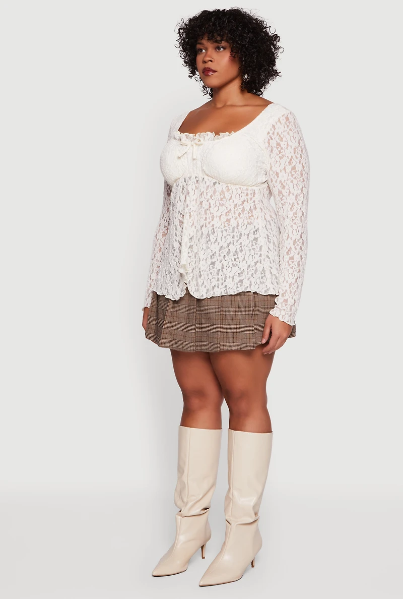 Plus Floral Lace Long Sleeve Square Neck Blouse