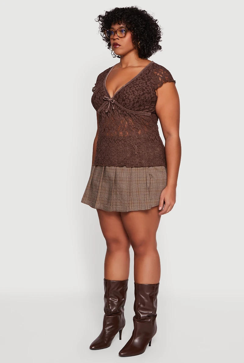 Plus Lace V Neck Short Sleeve Blouse