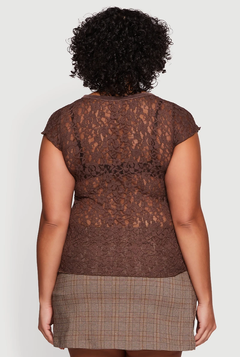 Plus Lace V Neck Short Sleeve Blouse