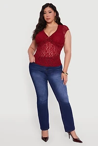 Plus Lace V Neck Short Sleeve Blouse