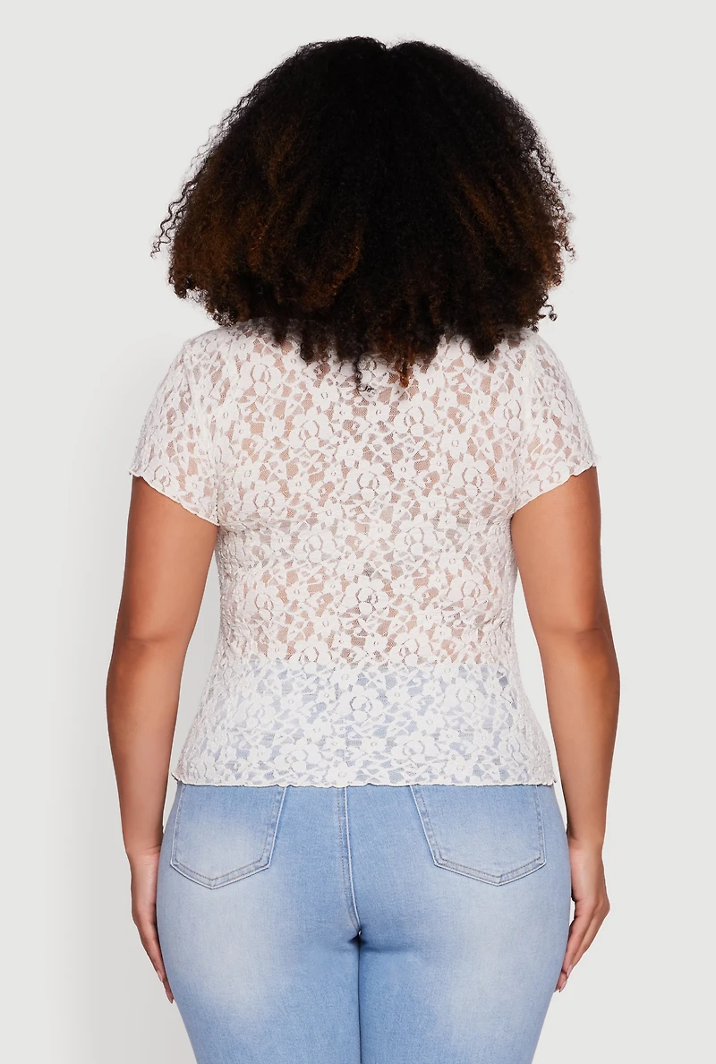 Plus Asymmetrical Hem Short Sleeve Lace Blouse
