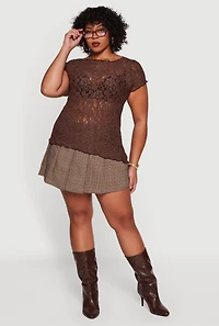 Plus Asymmetrical Hem Short Sleeve Lace Blouse