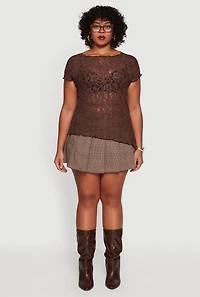 Plus Asymmetrical Hem Short Sleeve Lace Blouse
