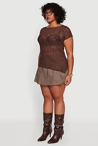 Plus Asymmetrical Hem Short Sleeve Lace Blouse